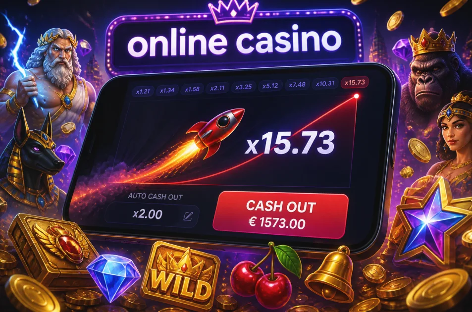 Crashgame met een stijgende multiplier en cashout-knop op een mobiel scherm