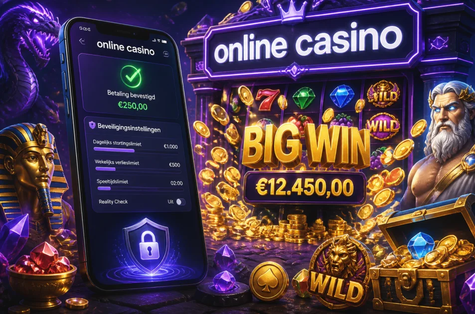 Telefoon met casinoapp toont een betaalbevestiging en beveiligingsinstellingen met limieten